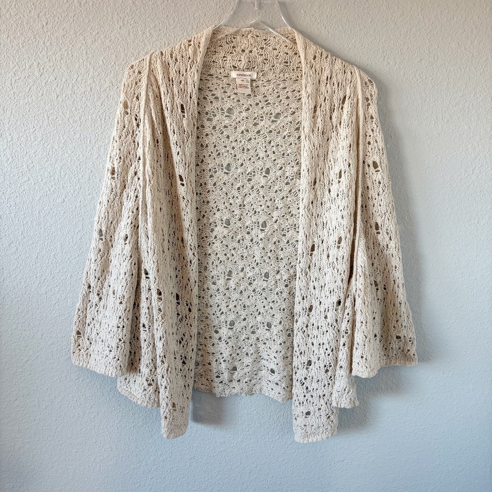 Sundance Knit Open Front Cream Cardigan Sweater XL 3/4 Sleeve 100% Cotton